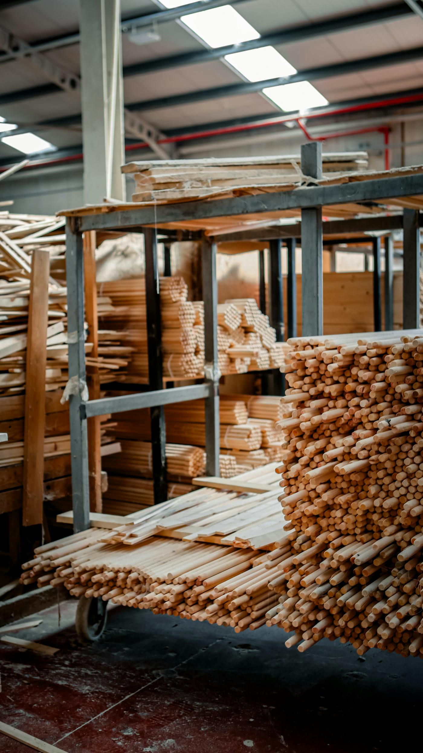 Wood panels and materials organized in a warehouse